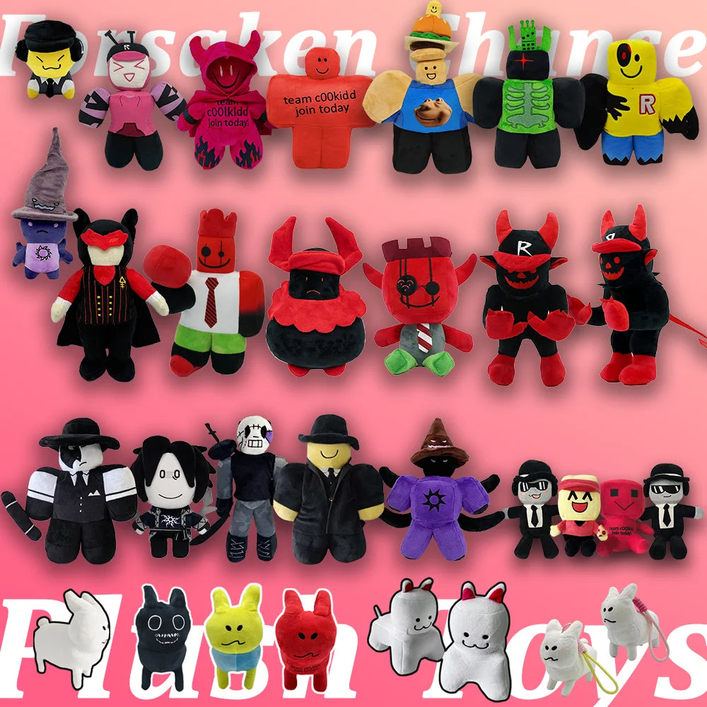 A collection of soft plush toys and stuffed animals inspired by the Slasher game featuring various characters and colors.