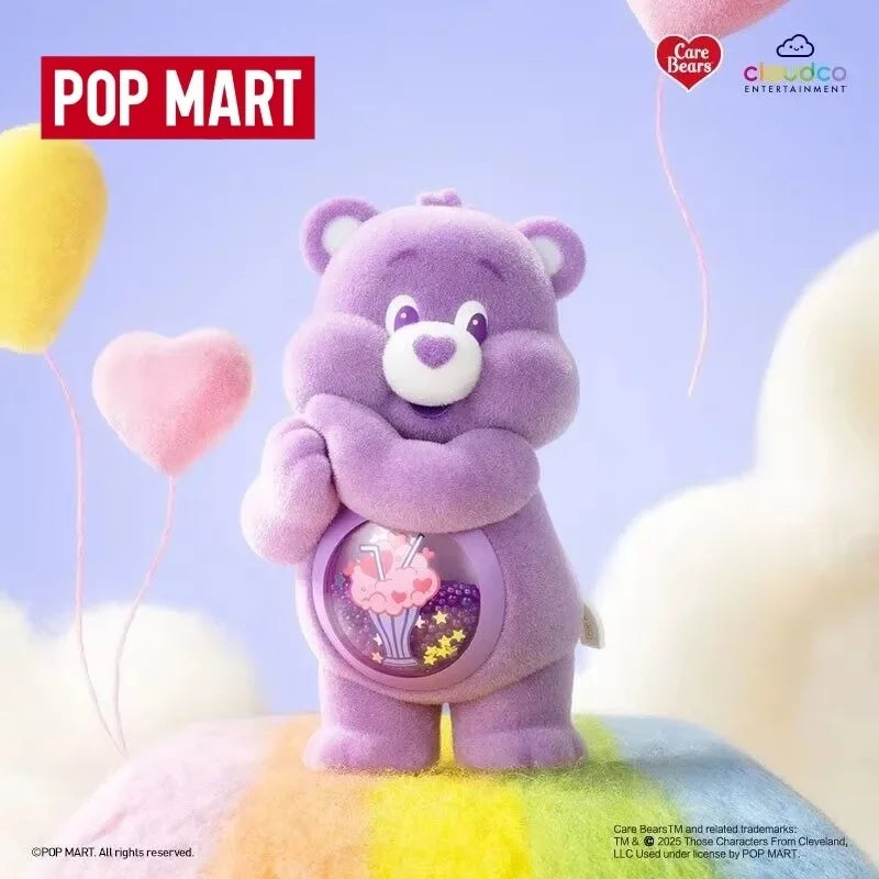 A purple Care Bear plush toy standing on a surface with pink and white clouds and balloons.