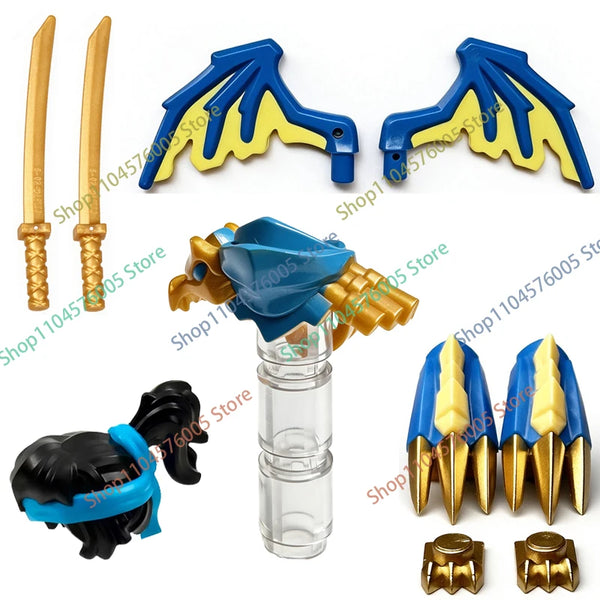 Fantasy warrior accessory set featuring blue dragon wing and gold claw armor pieces.