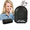 A woman is shown reacting to a fart machine, with the remote control and the device visible.