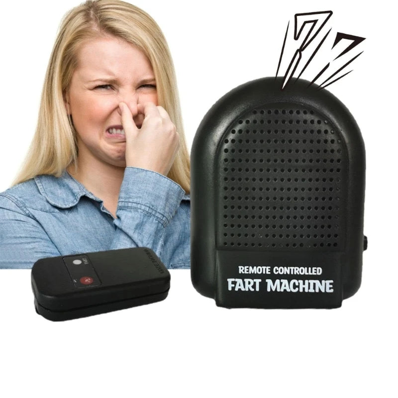 A woman is shown reacting to a fart machine, with the remote control and the device visible.