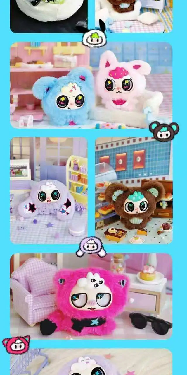 A collection of cute plush toys and accessories featuring a pink and blue strawberry mousse theme.