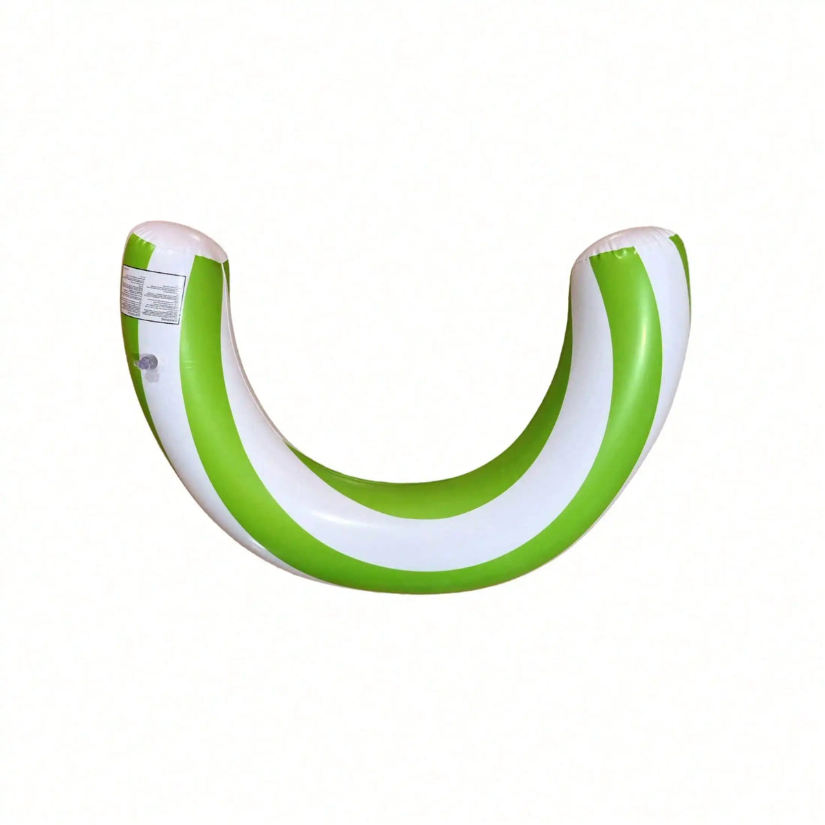 A white and lime green striped U-shaped inflatable pool float for adults.