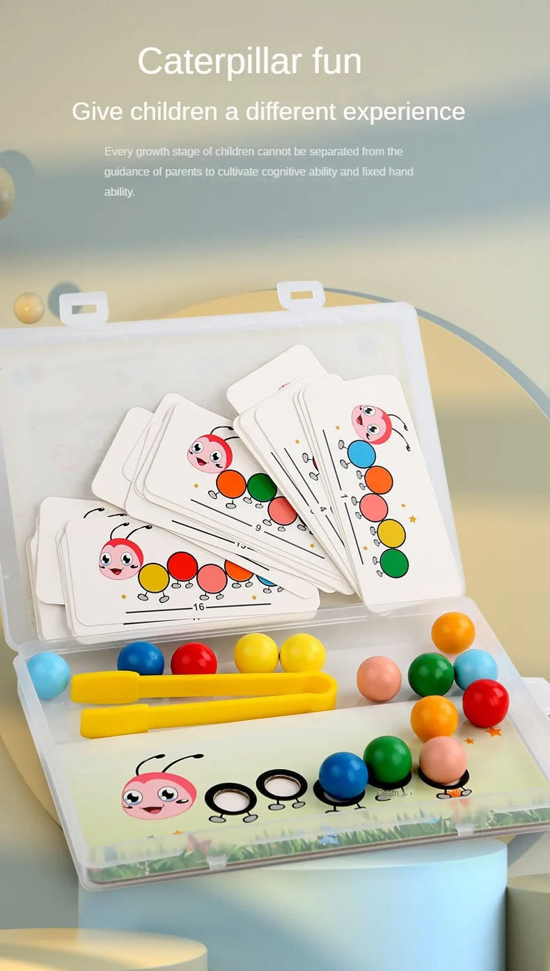 An open box of wooden caterpillar clip beads for a Montessori fine motor skills game with various colored beads and yellow st