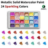 A palette of 24 sparkling metallic solid watercolor paint colors arranged in a grid.