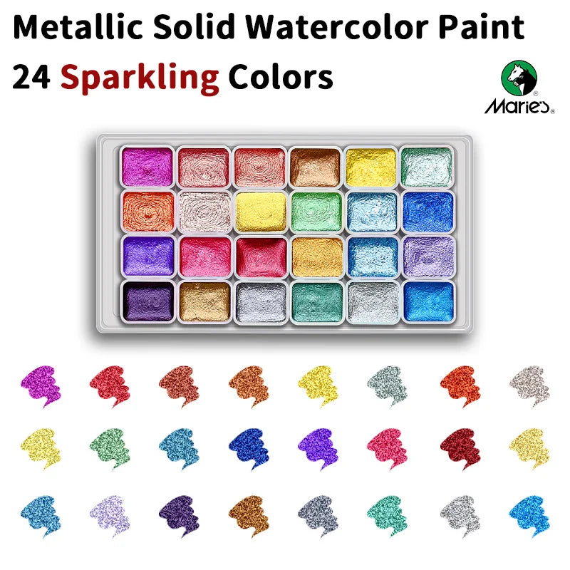A palette of 24 sparkling metallic solid watercolor paint colors arranged in a grid.