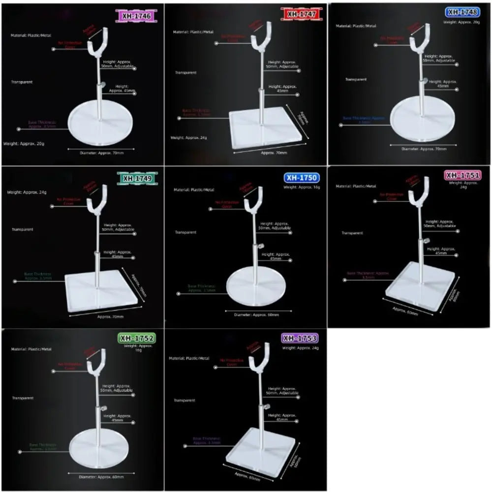 A collection of adjustable doll display stands in various colors and angles.