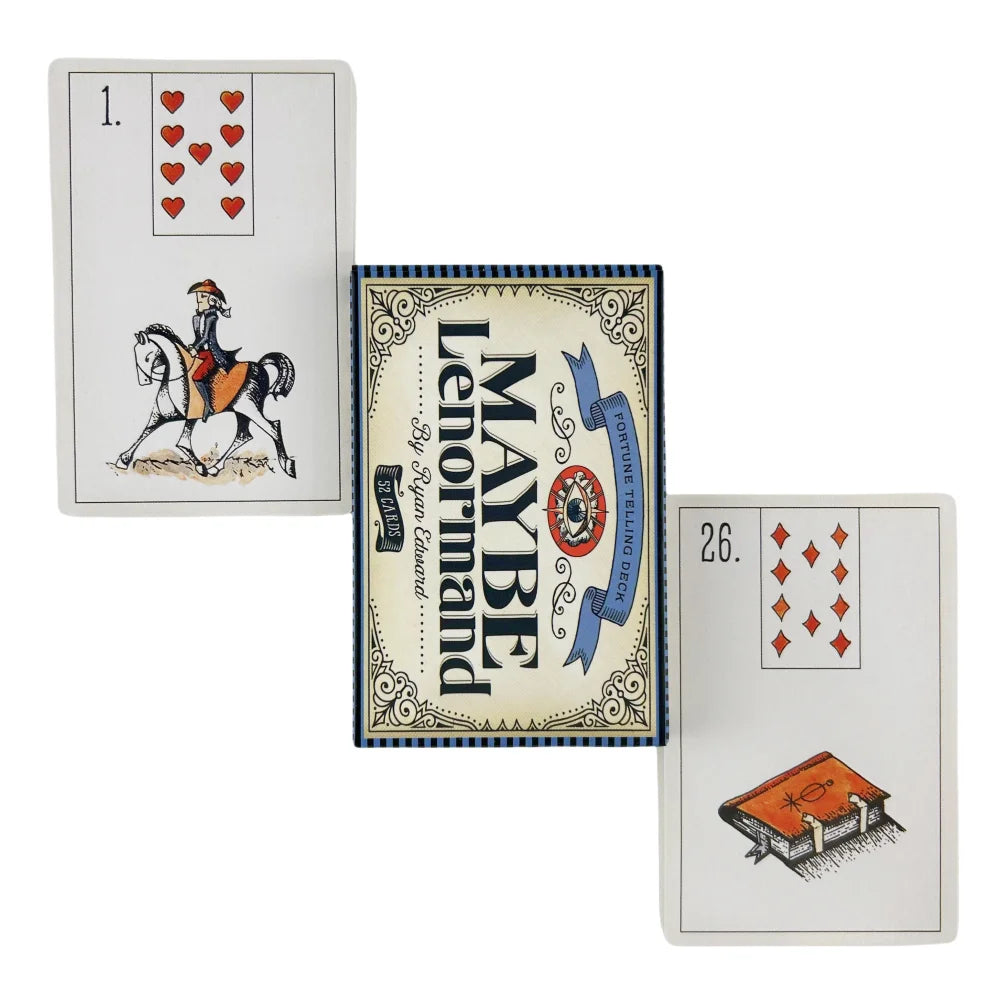 A set of Lenormand oracle cards featuring illustrations and numbered cards.