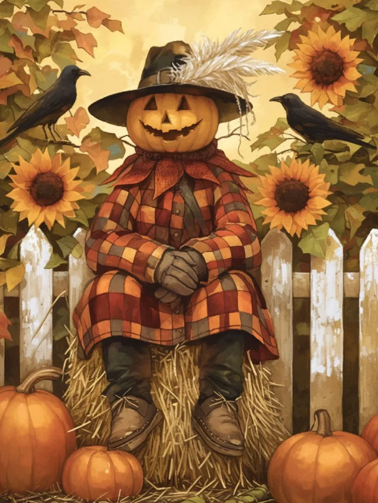 A carved jack-o'-lantern face wearing a plaid coat sits behind a white picket fence surrounded by autumn leaves and sunflower