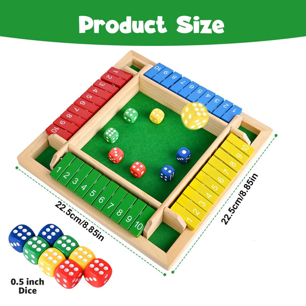 A wooden board game featuring colored dice arranged in slots and on the board.