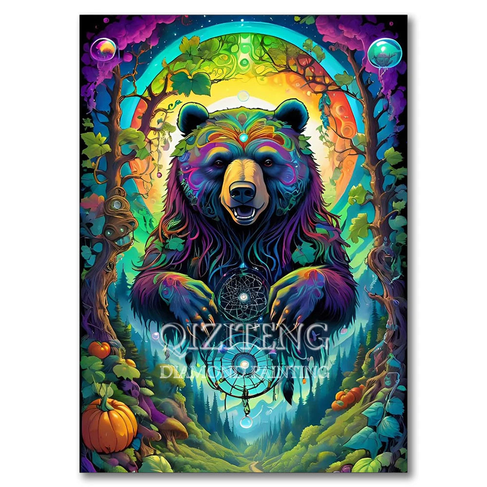 A vibrant illustration of a bear face surrounded by lush forest and glowing elements for a diamond painting kit.