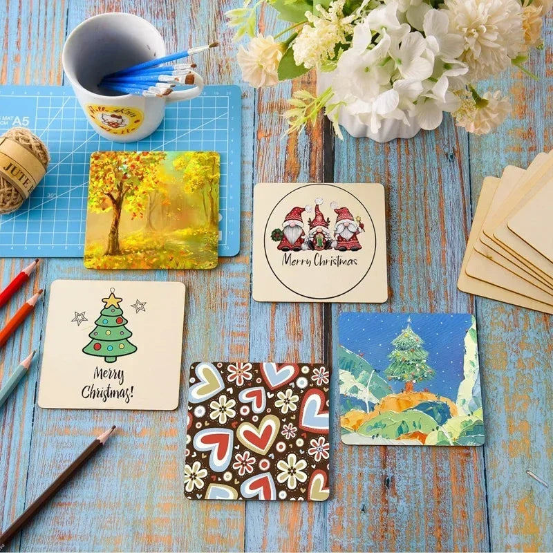 A collection of blank wood squares for DIY crafts and engraving, featuring Christmas and nature-themed designs.