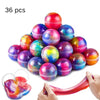 A pile of 36 colorful, glossy slime balls in various shades of pink, purple, and green.