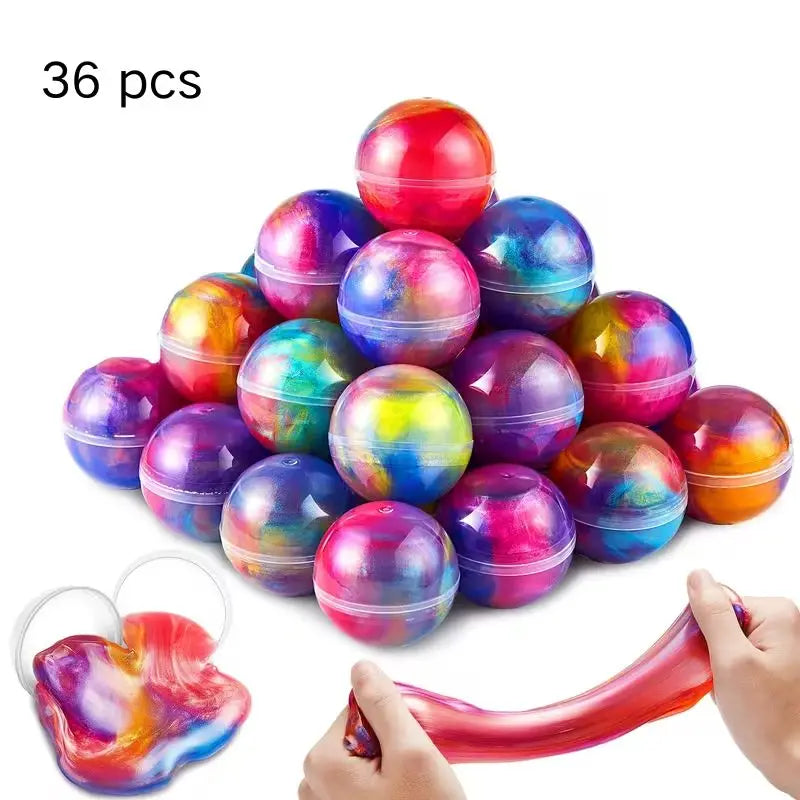 A pile of 36 colorful, glossy slime balls in various shades of pink, purple, and green.