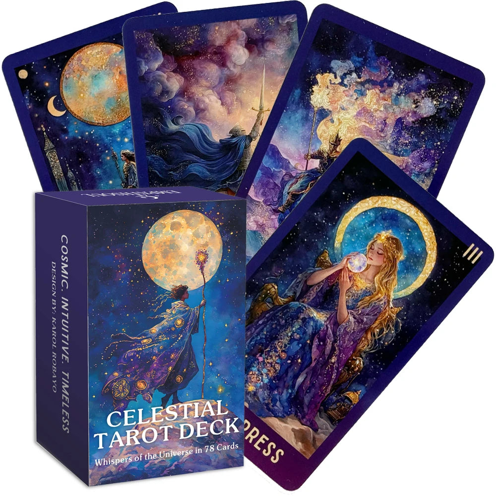 A box set of the Celestial Tarot Deck with guidebook featuring mystical celestial scenes and tarot imagery.