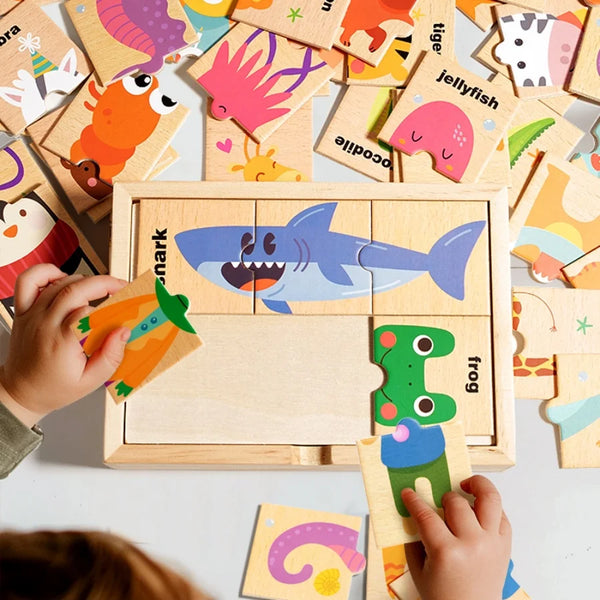 A child is assembling a wooden animal shape puzzle on a light wood board surrounded by loose puzzle pieces.
