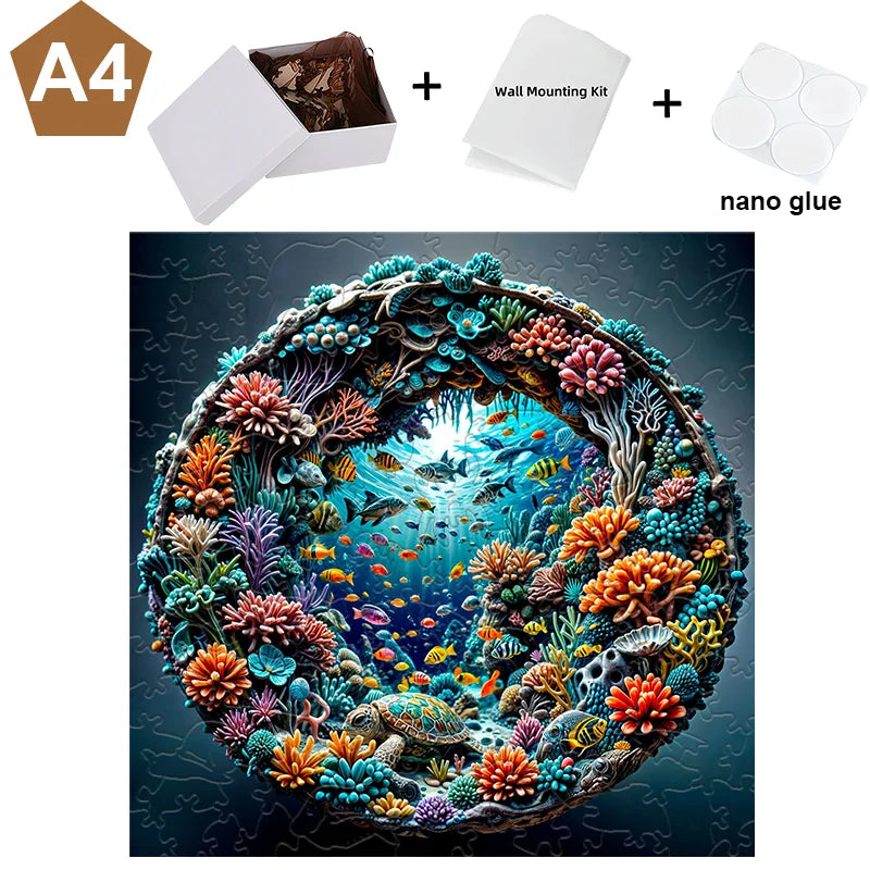 A jigsaw puzzle depicting a vibrant underwater scene with various sea creatures and coral, assembled using a wall mounting ki