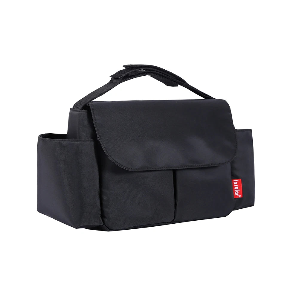 Black fabric bottle and cup holder designed for strollers