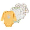 A set of three cotton baby bodysuits with long sleeves featuring cute animal and nature patterns.