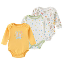 A set of three cotton baby bodysuits with long sleeves featuring cute animal and nature patterns.