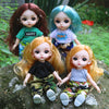 Four 16cm articulated BJD princess dolls with various hair colors and outfits sitting on a stone surface.