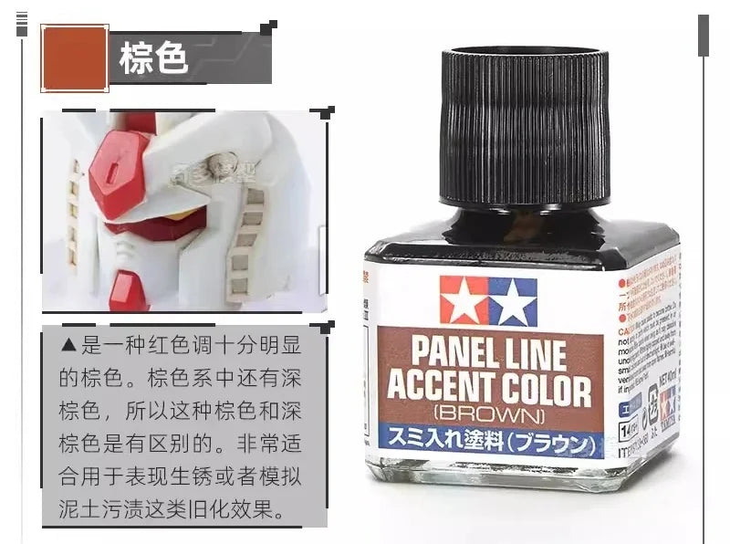 A bottle of Panel Line Accent Color enamel paint in brown, showing the product label and applicator tip.