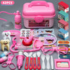 A pink plastic doctor play set for children featuring various medical accessories like a stethoscope and toy instruments.