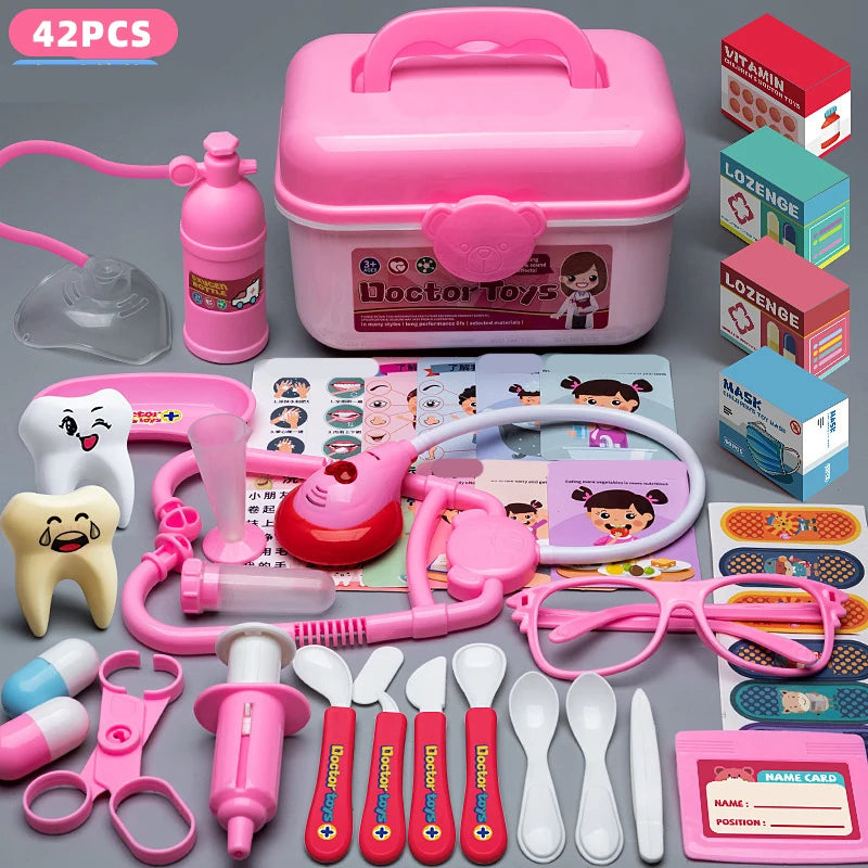 A pink plastic doctor play set for children featuring various medical accessories like a stethoscope and toy instruments.