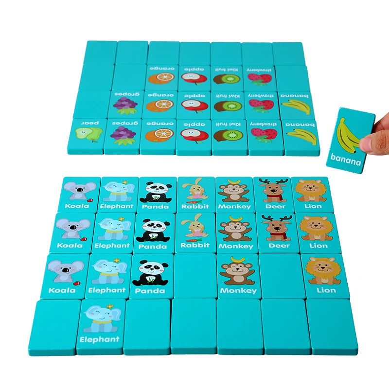 A set of wooden farm and fruit matching puzzles featuring various animals and produce for children.