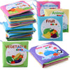 A collection of soft cloth books featuring various animals, fruits, and vegetables for babies.