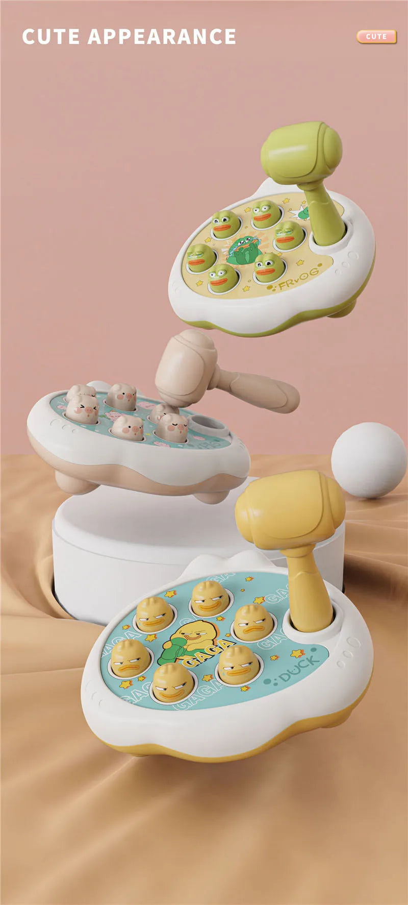A yellow and white Montessori animal hammer toy with various plastic animals for toddlers is shown on a beige background.
