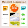 A material description showing features like waterproof, tear-resistant, and durable for custom stickers.