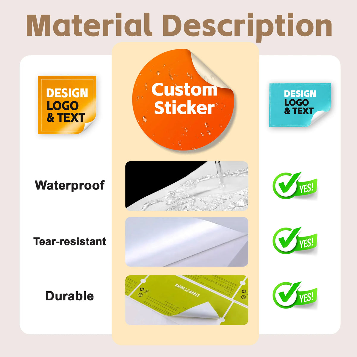A material description showing features like waterproof, tear-resistant, and durable for custom stickers.