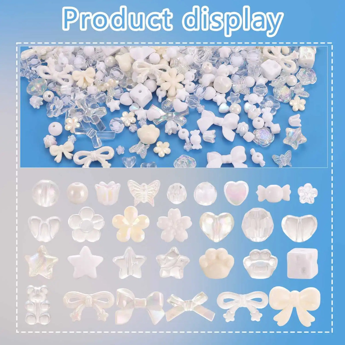 A display of various clear and white acrylic beads, including flowers, hearts, bows, and star shapes for DIY jewelry making.