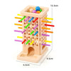 A wooden stacking tower game featuring colorful wooden rods and stacking blocks for a dexterity challenge.
