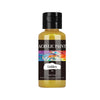 A dark glass bottle of golden acrylic paint with a black cap and a label featuring an abstract colorful design.