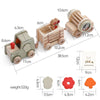 A wooden train set with numbered cars, including a locomotive and several carriages, designed as a Montessori educational toy