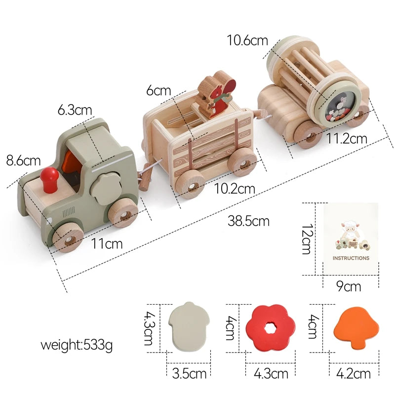 A wooden train set with numbered cars, including a locomotive and several carriages, designed as a Montessori educational toy