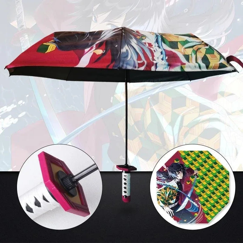 A black umbrella featuring a Demon Slayer Katana design, shown with close-ups of the fabric and blade.