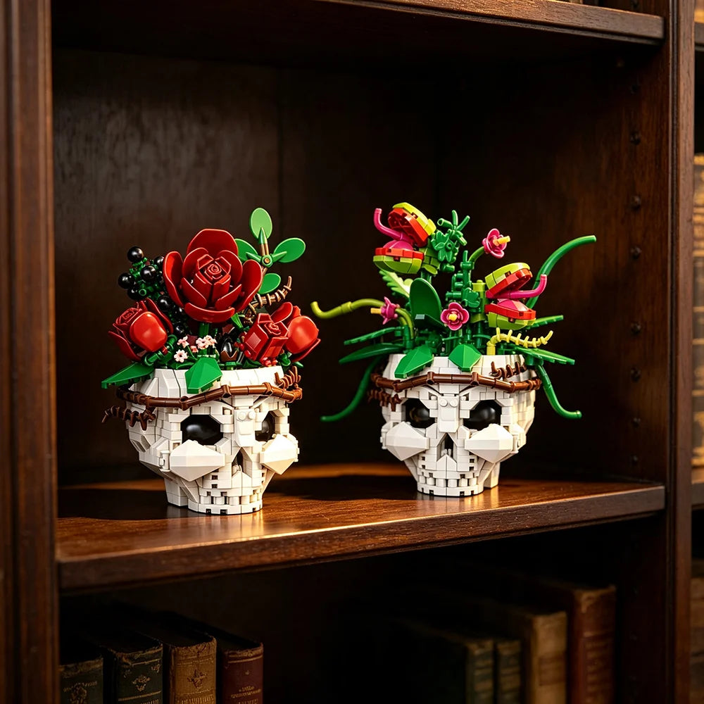 A set of gothic floral skull building blocks featuring red roses and green foliage displayed on a wooden shelf.