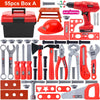 A collection of red and black tools including a drill, pliers, and various hand tools packaged in a box.