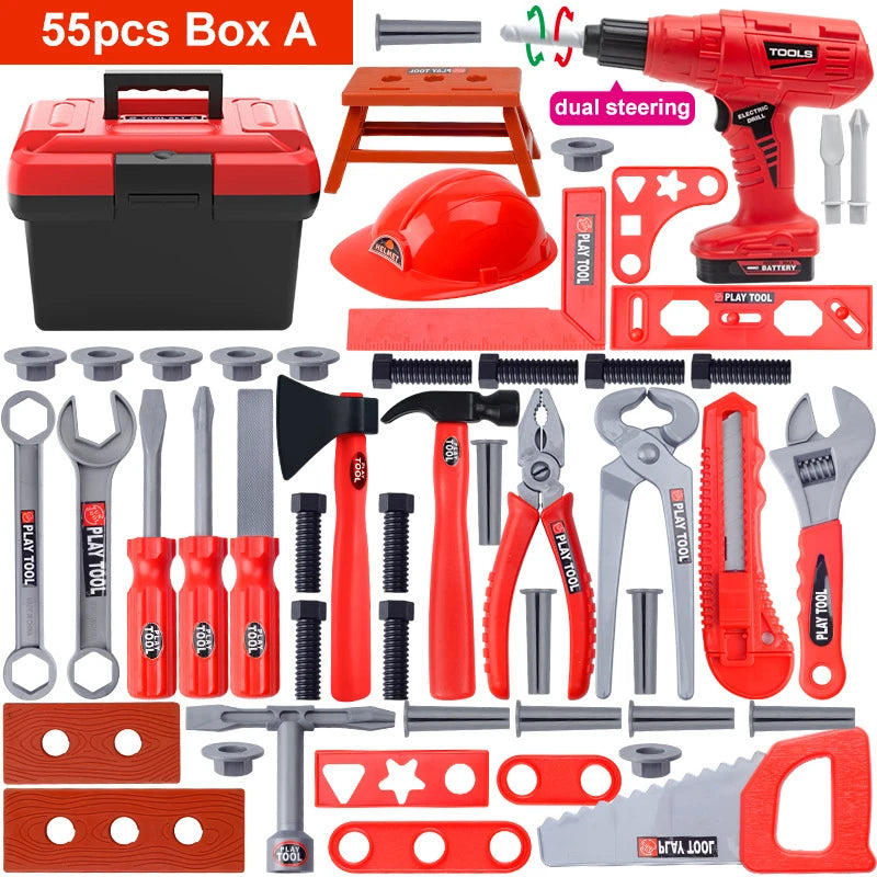 A collection of red and black tools including a drill, pliers, and various hand tools packaged in a box.