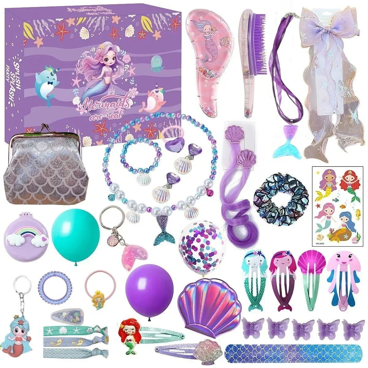 A gift box containing mermaid jewelry for a 24-day Christmas countdown, featuring various necklaces, earrings, and hair acces