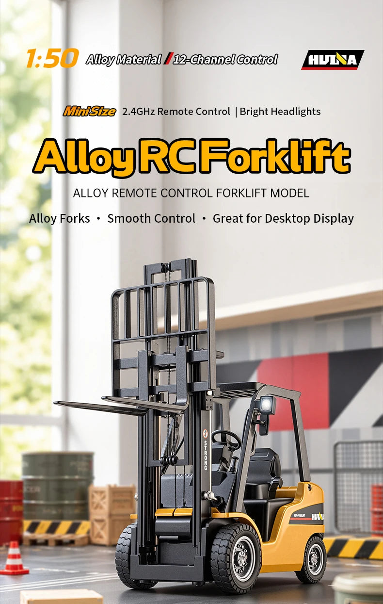 A yellow Alloy RC Forklift model with black features is shown indoors.