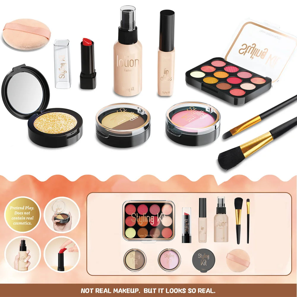 A makeup playset for kids featuring various cosmetic items including lip gloss, eyeshadow palettes, and brushes.