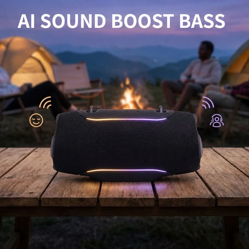A black portable Bluetooth speaker with purple accent lighting is placed on a wooden table outdoors near a campfire.