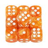 A set of ten orange marble effect acrylic dice showing various numbers and dots.