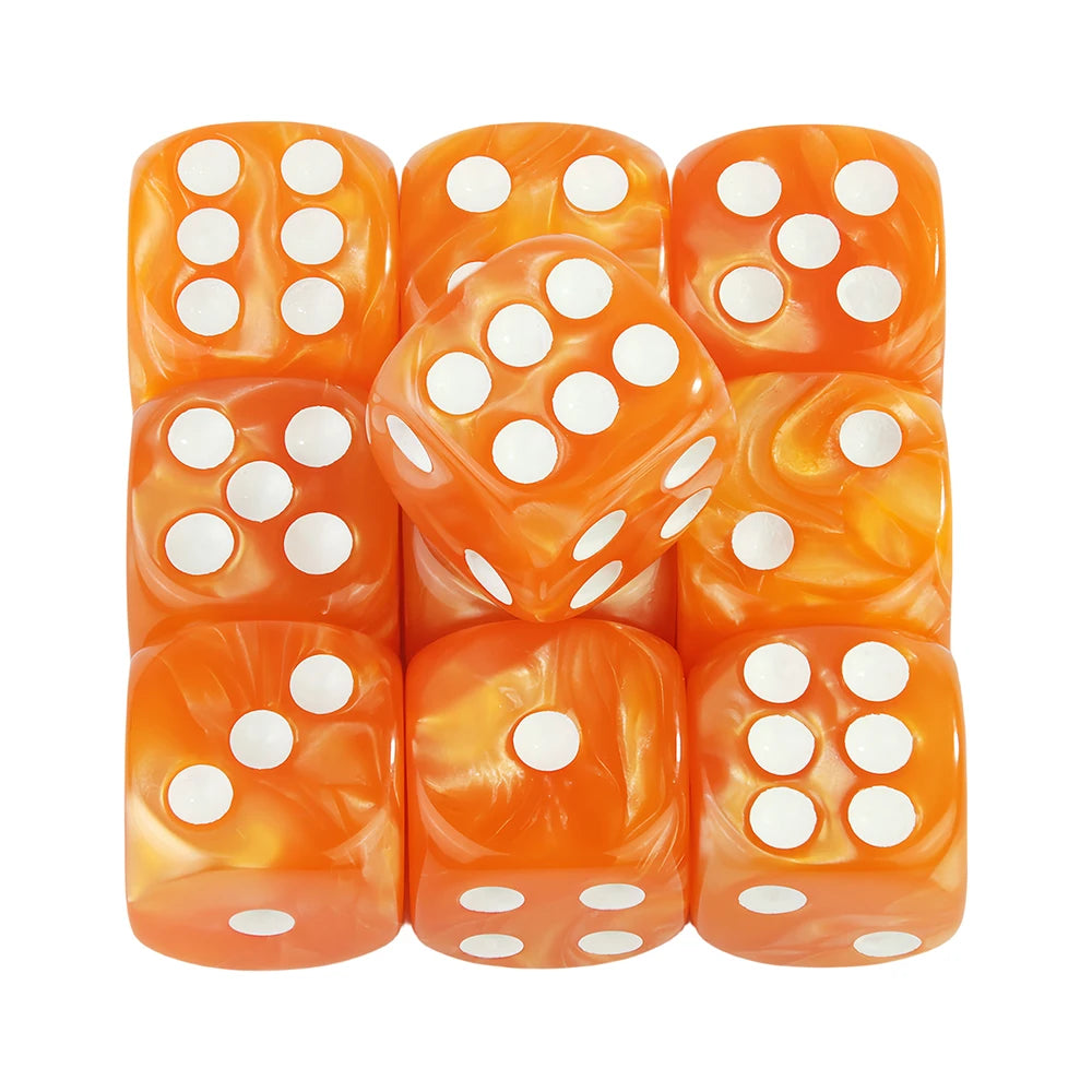 A set of ten orange marble effect acrylic dice showing various numbers and dots.