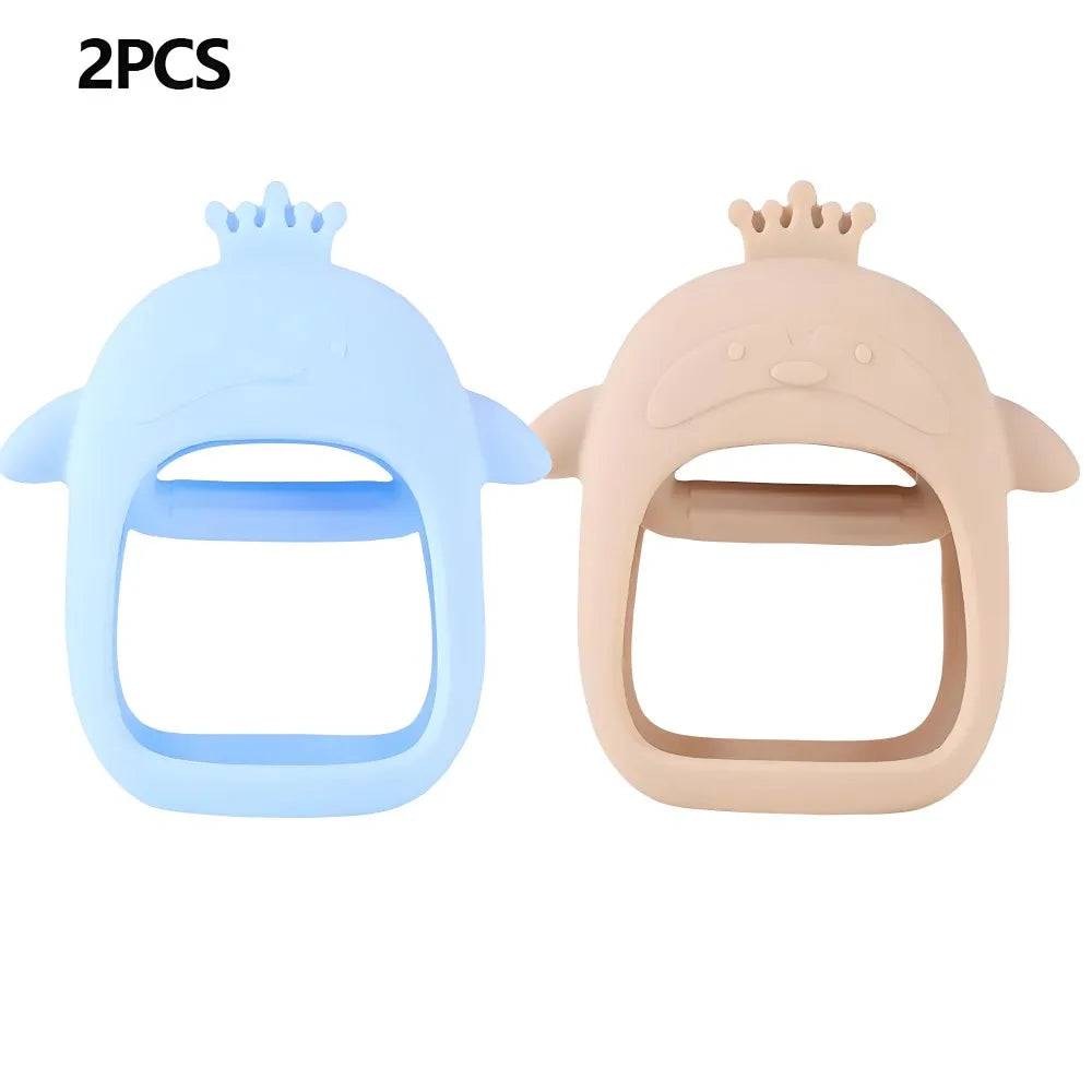 Two silicone hand-shaped teethers for babies in light blue and peach colors