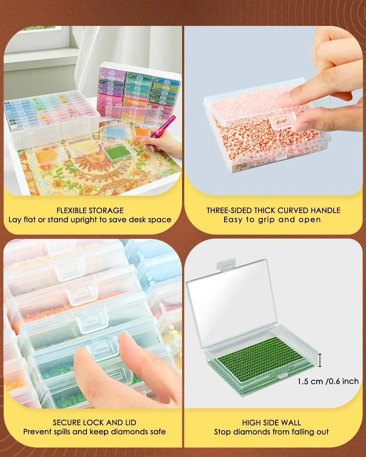A set of 30 diamond painting trays with lids showing various colored diamonds and clear plastic packaging.